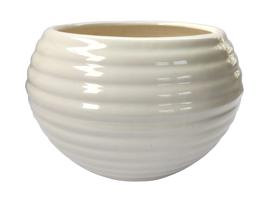 UrbanRoots Horizontal Ridges Big Round Ceramic Pot (8 inch) (White)