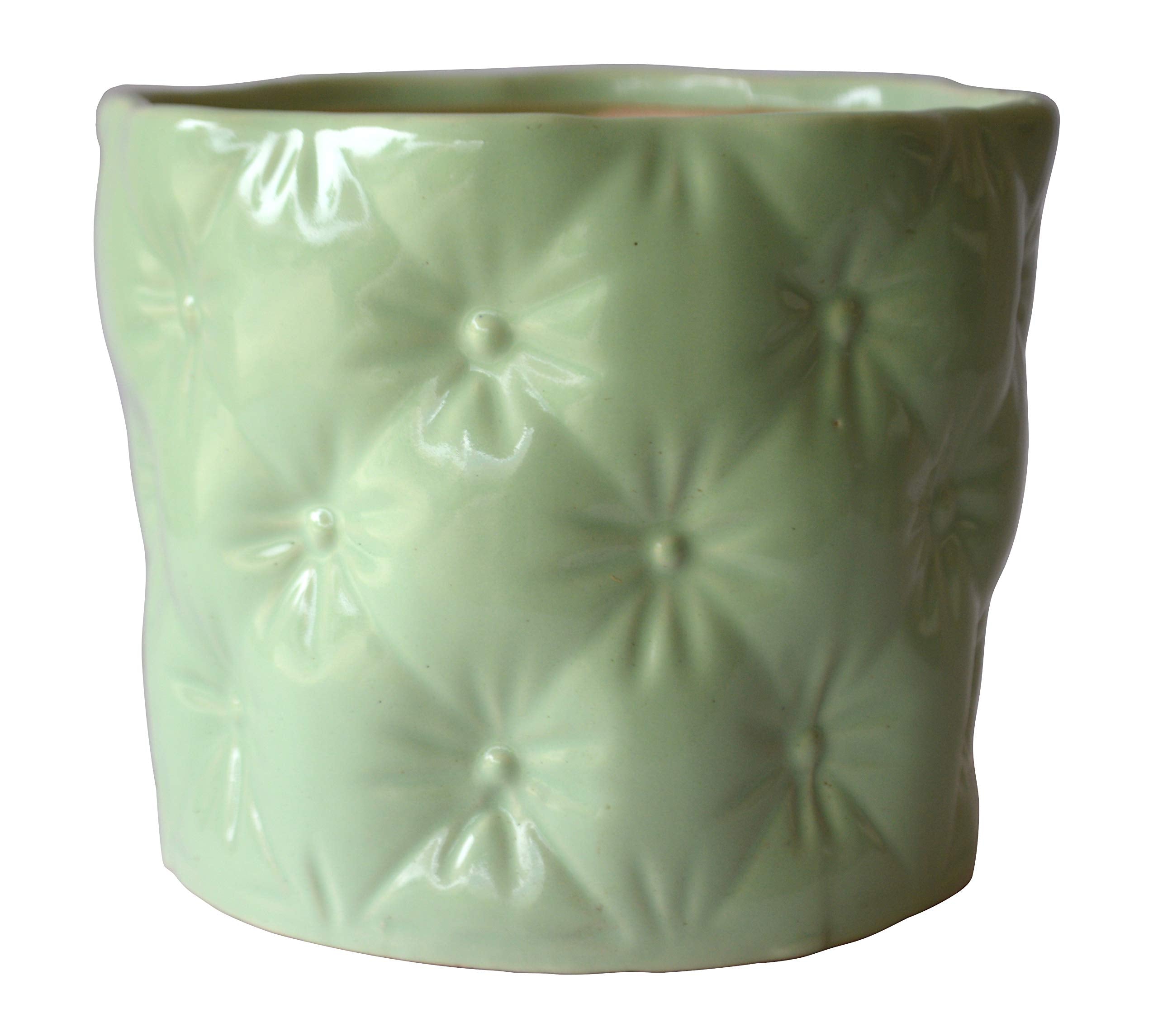 UrbanRoots Floral Engraved Ceramic Pot (6 inch) (Pista Green)