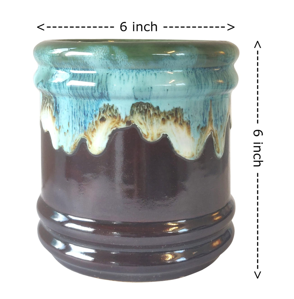 UrbanRoots Barrel Ceramic Pot (6 inch) (Brown Blue)