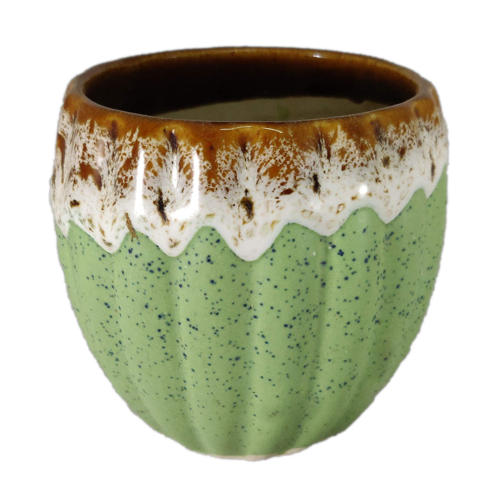UrbanRoots Vertical Ridges Ceramic Pot (3 inch) (Green)