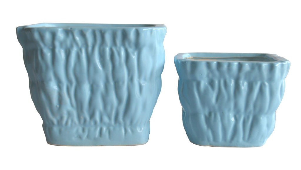 UrbanRoots Square Carving Ceramic Pot Combo Set (Sky Blue)