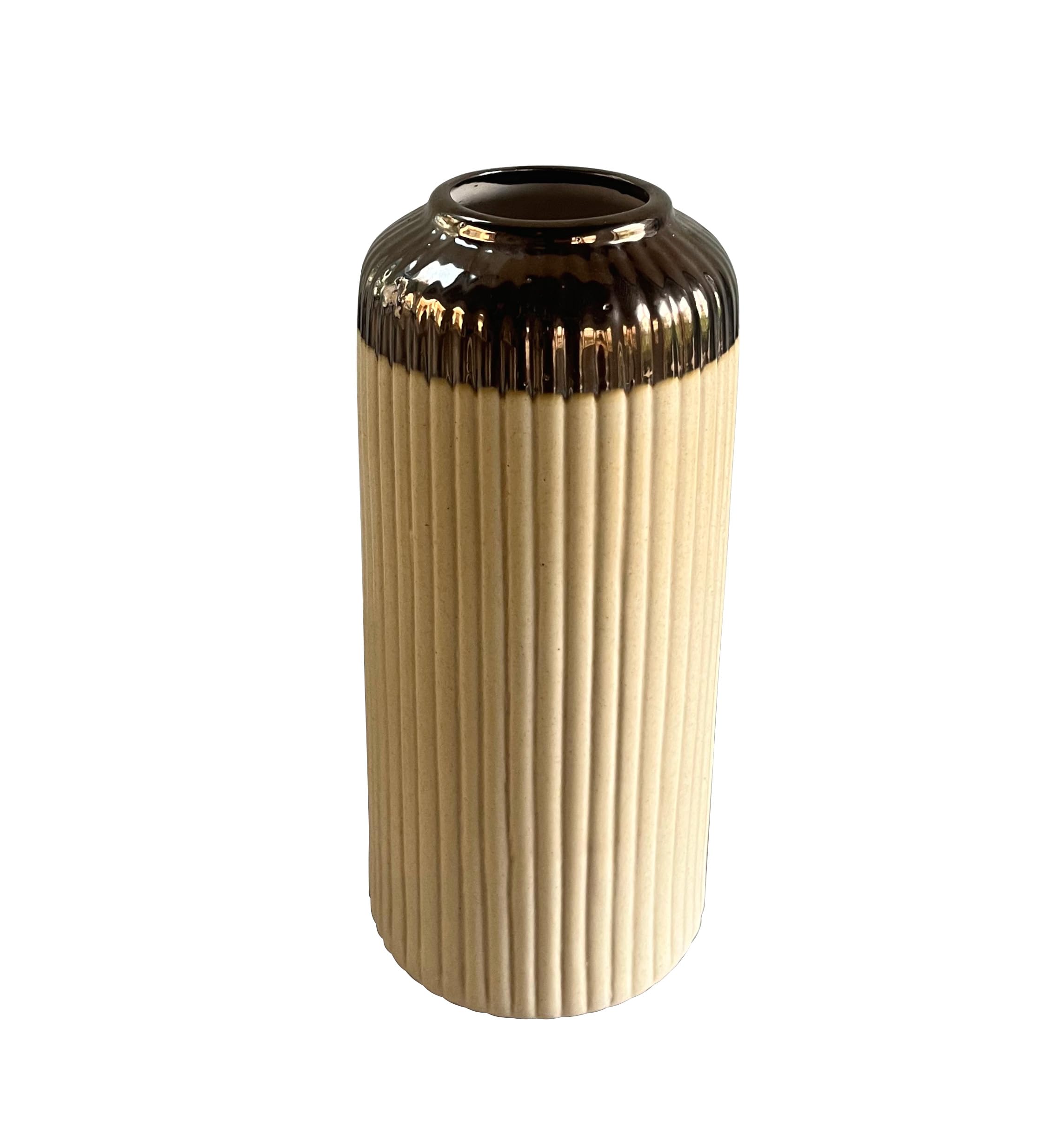UrbanRoots Ribbed Ceramic Accent Flower Vase (10.5 inch) (Beige)