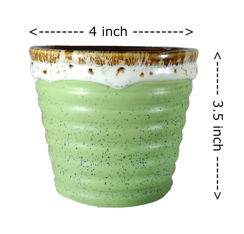 UrbanRoots Horizontal Ridges Ceramic Pot (4 inch) (Green)
