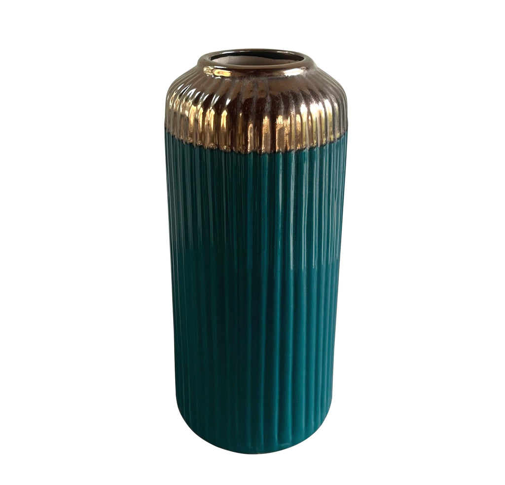 UrbanRoots Ribbed Ceramic Accent Flower Vase (10.5 inch) (Teal)