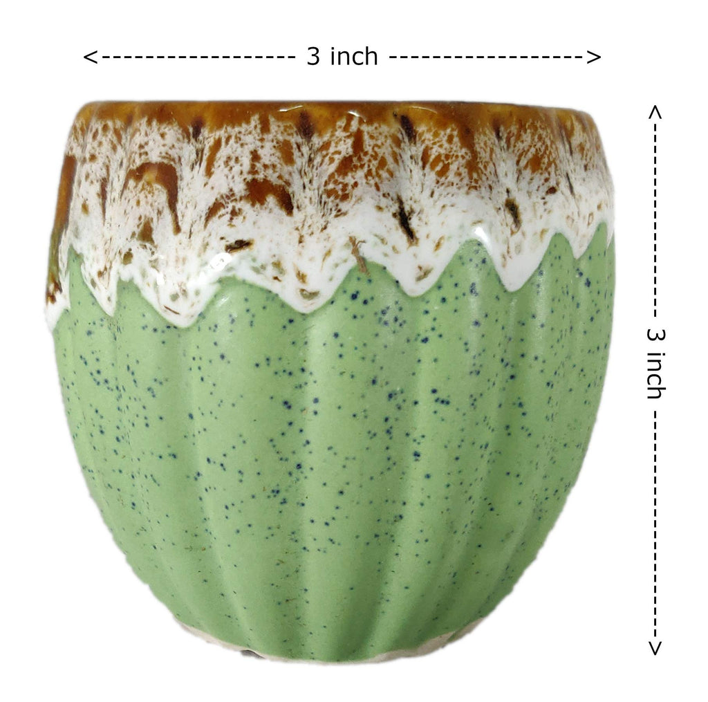 UrbanRoots Vertical Ridges Ceramic Pot (3 inch) (Green)