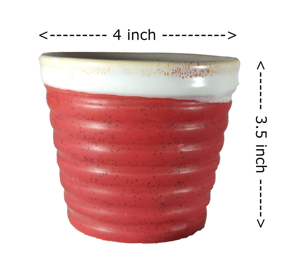 UrbanRoots Horizontal Ridges Ceramic Pot (4 inch) (Red)