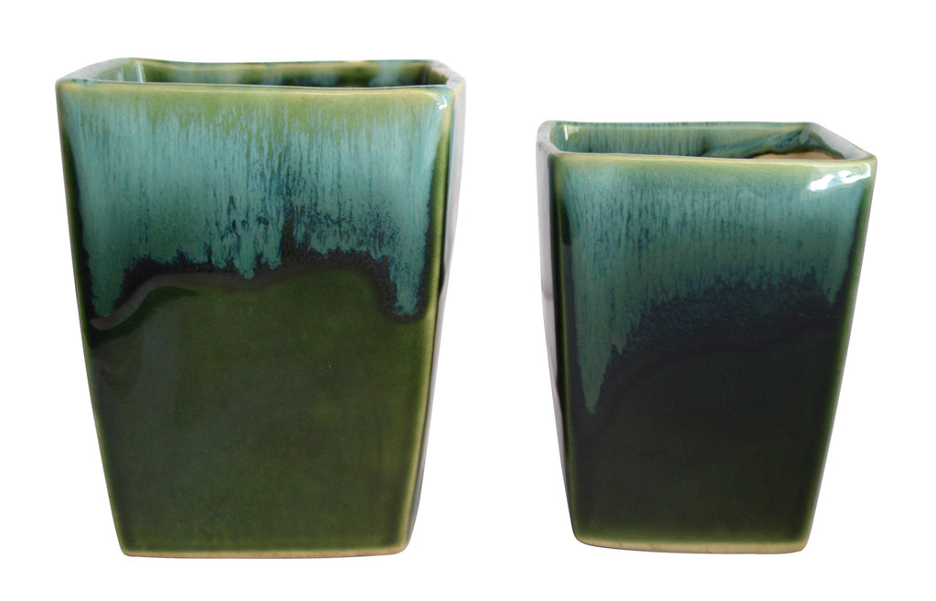 UrbanRoots Melting Stone Square Ceramic Pot Combo (2 Piece) (Green)