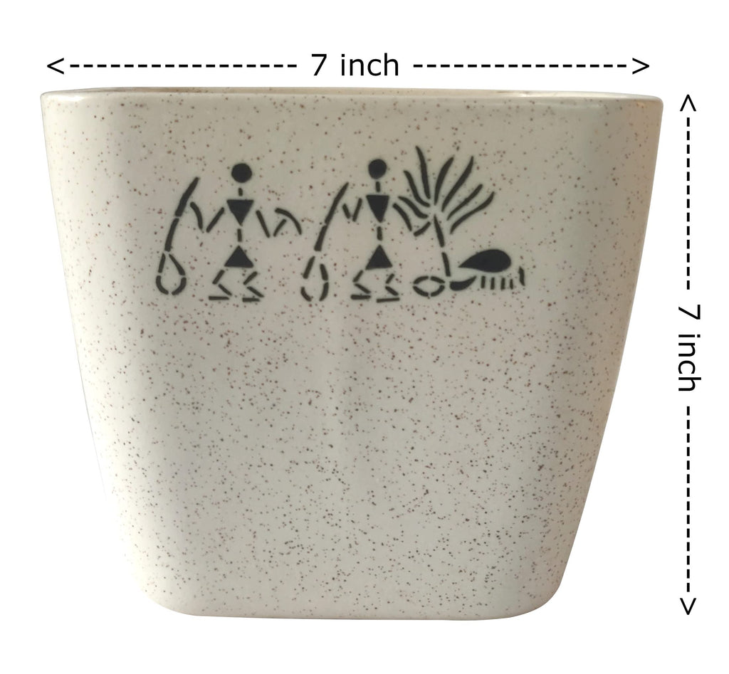 UrbanRoots Square Ceramic Pot (7 inch) (White Village)