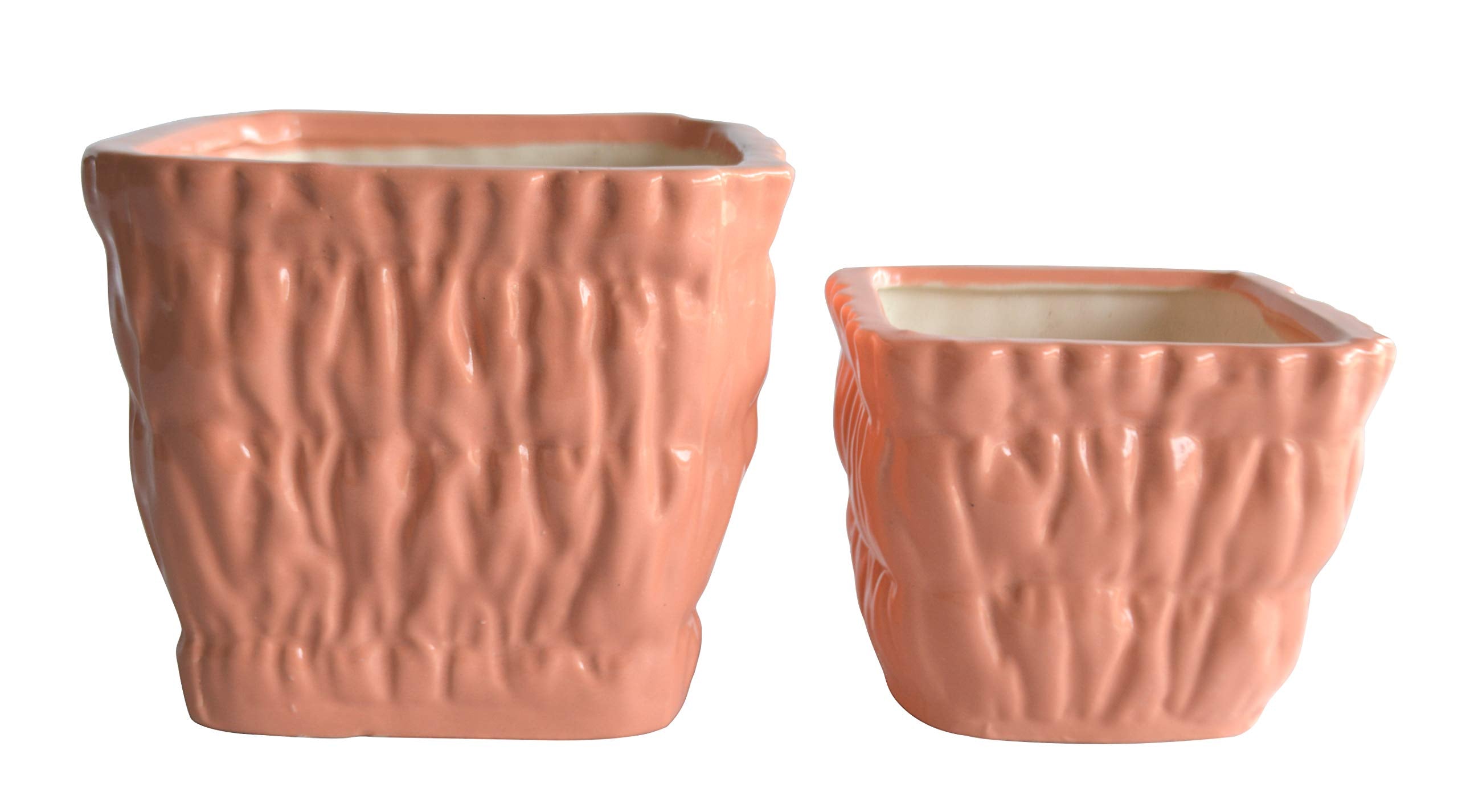 UrbanRoots Square Carving Ceramic Pot Combo Set (Peach)