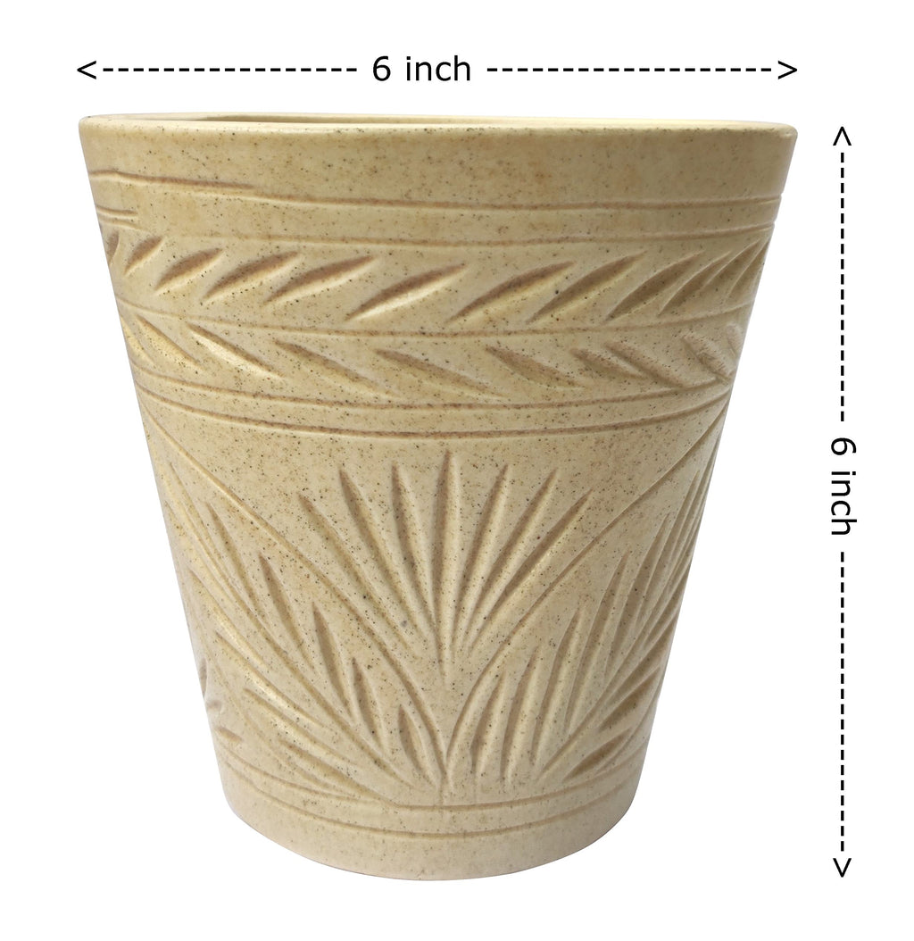 UrbanRoots Engraved Glass Ceramic Pot (6 inch) (Beige)