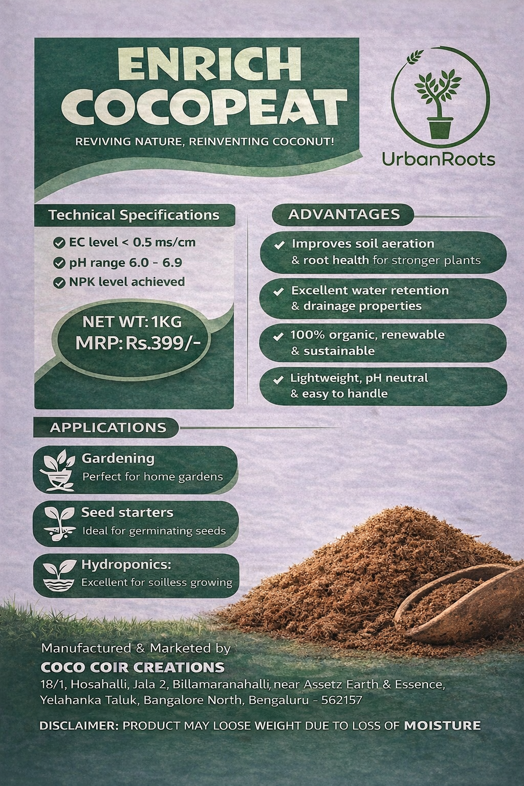 UrbanRoots Low E.C Coco peat